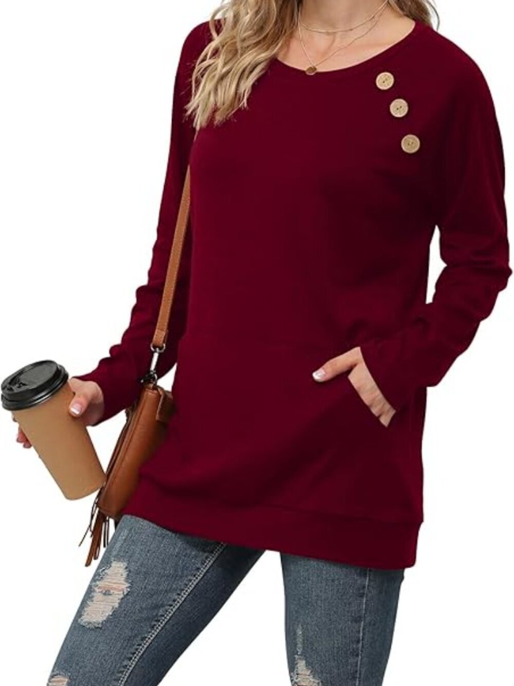 Yincro Women's Casual Long Sleeve Button-up Red Wine Tunic Top Size Small